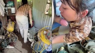 Thuê chị lao công dọn nhà kho mà nứng quá cởi quần đòi chị bú cu luôn trong kho